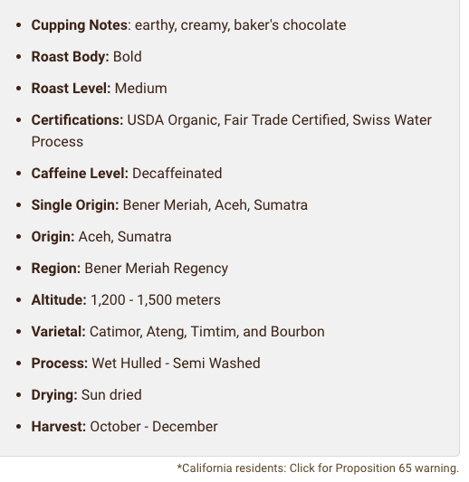 Fresh Roasted Coffee  -Organic Sumatra Swiss Water DECAF Coffee - Fair Trade