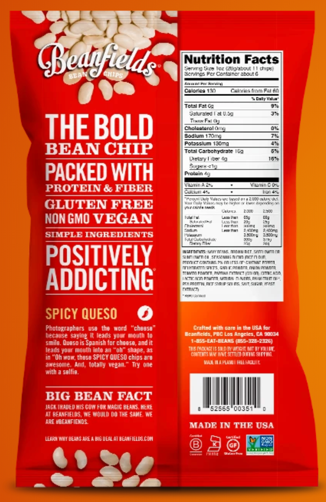 Beanfields  SPICY QUESO BEAN CHIPS 24 Case/1.5 oz