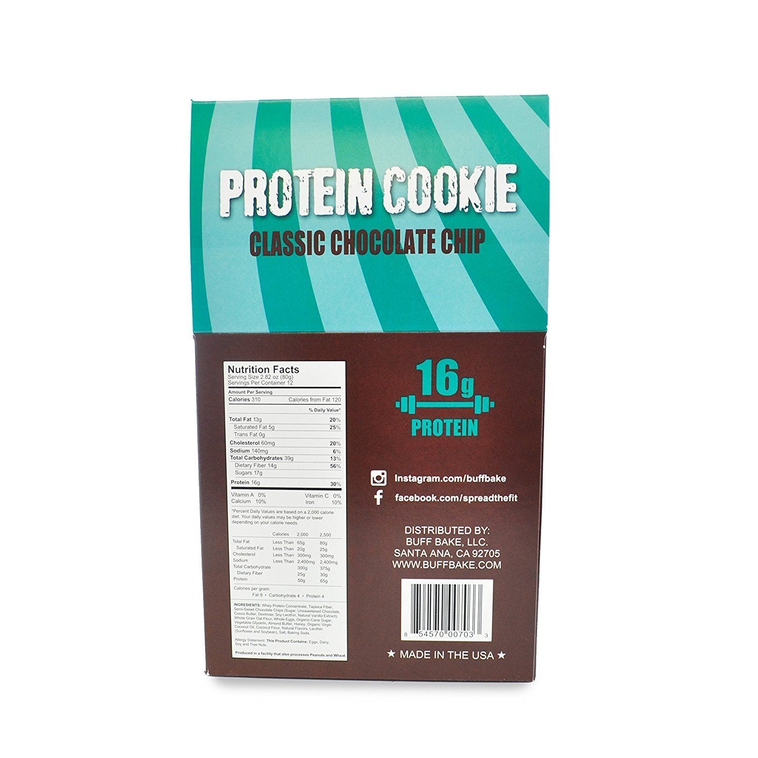 Buff Bake Protein Cookie, Classic Chocolate Chip (12) 2.82oz, Glutten FREE, Protein, Non-GMO