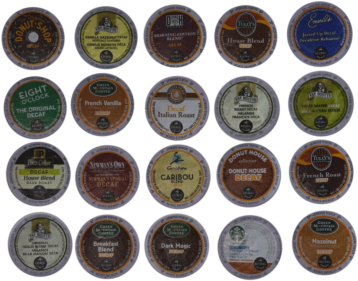 Keurig Decaf Coffee Sampler K-Cups decafs starbucks, green mountain, donut shop, tully's, caribou, van houtte   from Custom Variety Pack